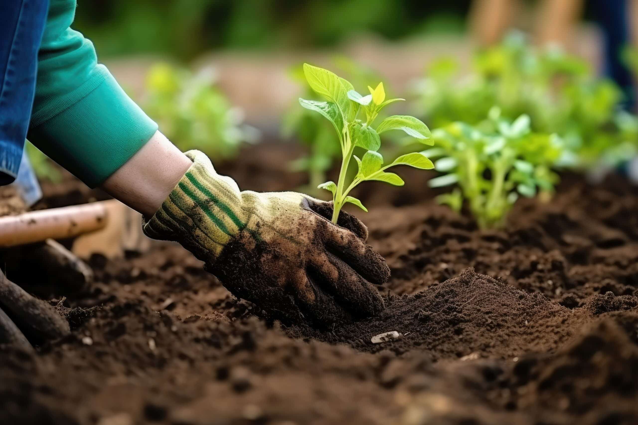 Pflanze wird mit Handschuhen im Hochbeet eingepflanzt