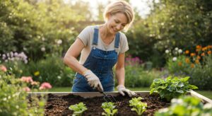 Frau bepflanzt Hochbeet im Garten bei Sonnenschein