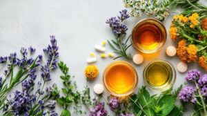Tisch mit Heilpflanzen, Nahrungsergaenzung und glaesern mit Omega-3 Algenoel zur ganzheitlichen Versorgung