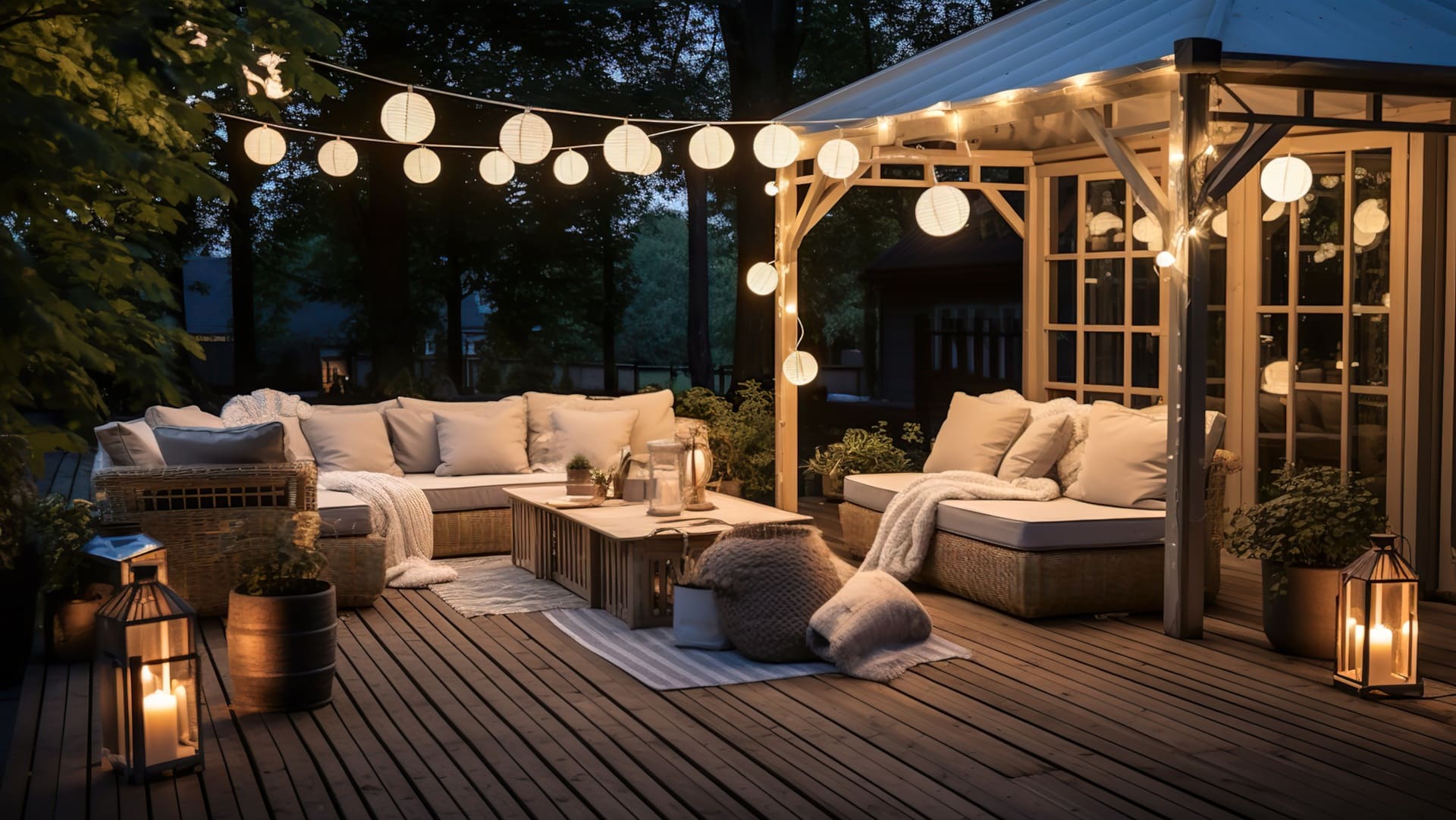 Lounge-Ecke mit Lichterkette und Decken | LED Strips